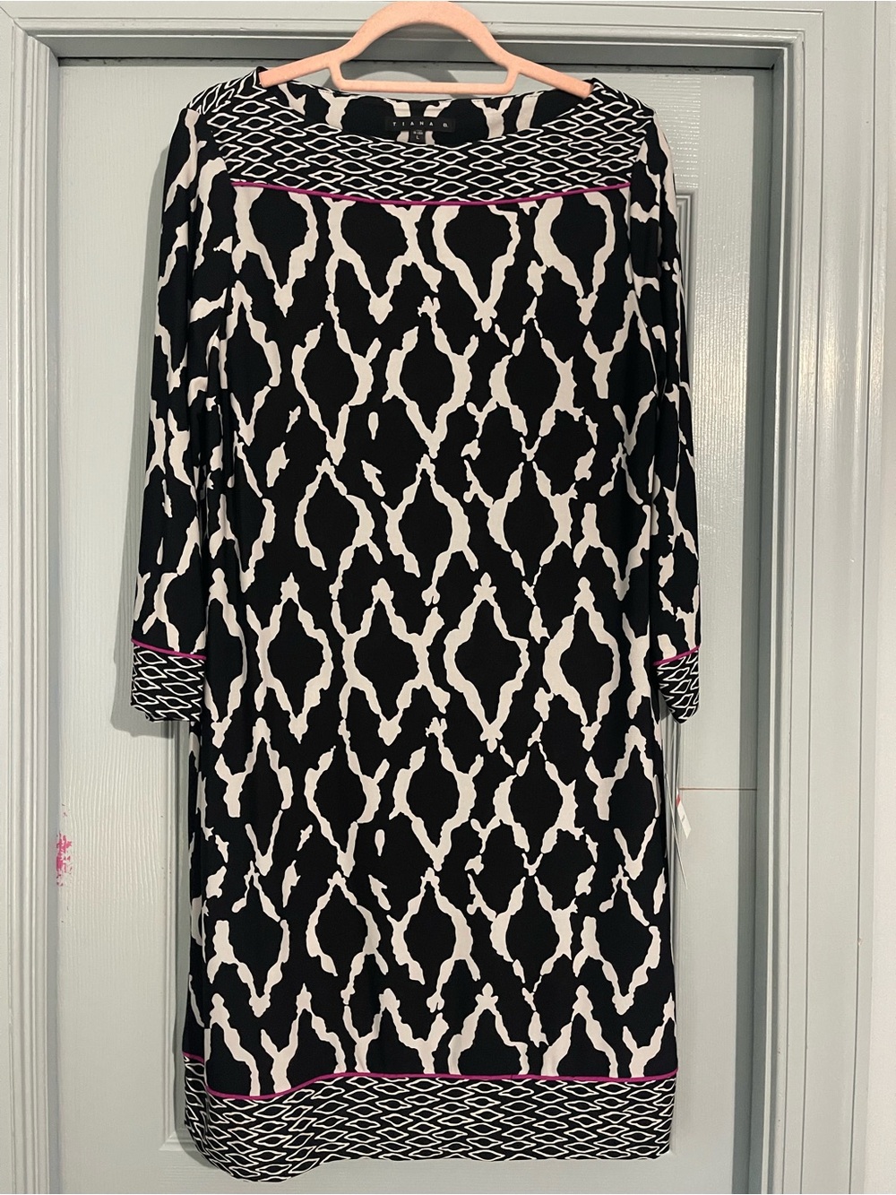 Tiana B. Black and White Long-Sleeve Shift Dress with Pink Trim
